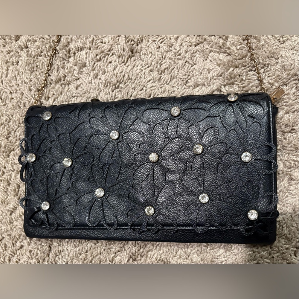 Elegant Black Floral Embellished Women's‎ Purse-Shoulder/Crossbody/Clutch